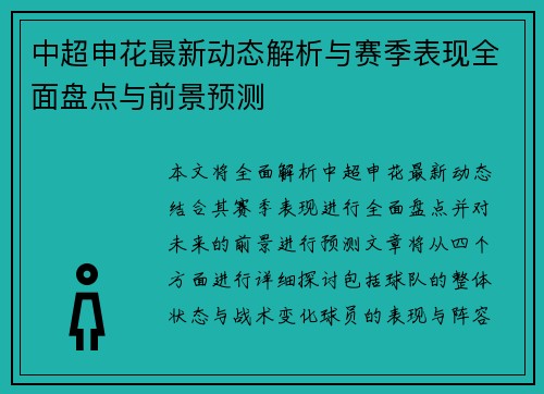 中超申花最新动态解析与赛季表现全面盘点与前景预测